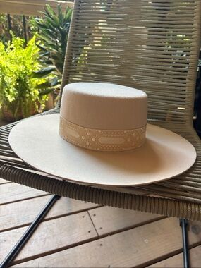 Lack of Color Wide Brim Ivory Felt Hat with Decorative Band- Sierra Boater Hat